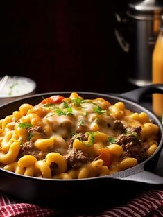 a skillet filled with macaroni and cheese