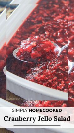 cranberry jello salad in a white bowl with spoons and text overlay