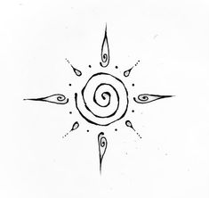 a black and white drawing of a sun with swirls on it's face