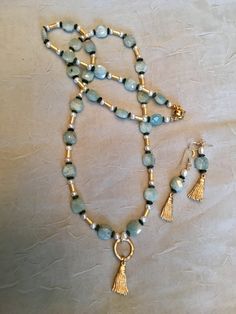 Fac. Aquamarine, FW Pearl, Jade, 22 Kt. Plated Brushed Gold. 26 Inch. Set with Earrings Funky Jewelry Necklaces, Jade Jewelry Design, 2024 Jewelry, Ralph Laurent, Boho Jewelry Diy, Gemstone Jewellery Design, Jewelry Set Design, Family Jewels, Jewelry Making Necklace