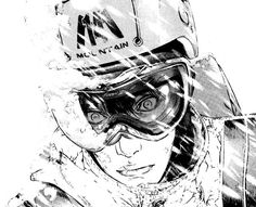 a black and white drawing of a person wearing a helmet with snow falling on it