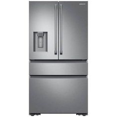 a stainless steel refrigerator freezer with water dispenser and ice maker on the door