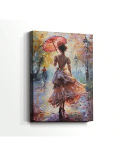 a painting of a woman walking down the street with an umbrella in her hand,