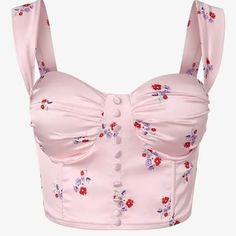 Women's Crop Cami Top - Corset - Brand New Size M - Medium Pink Floral Print Tie Shoulders Ships Within One Business Day Bundle And Save On Shipping Fitted Satin Crop Top For Summer, Y2k Pink Printed Tops, Fitted Barbiecore Tops, Pink Fitted Cottagecore Top, Pink Floral Corset, Backless Corset, Pink Floral Corset Top, Pink Y2k Camisole Top, Y2k Coquette