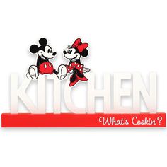 a sign that says kitchen with two mickey mouses on it and the words what's cooking?