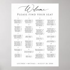 a wedding seating chart with the names and date for each seat in black on a white background