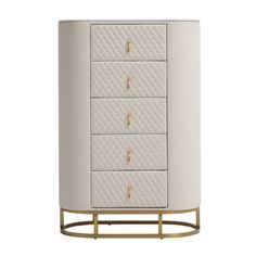 a white cabinet with four drawers and gold handles on the bottom, in front of a white background