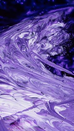 an abstract painting in purple and white with swirly paint on it's surface