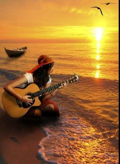 a girl playing guitar on the beach at sunset