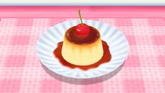 a small cake with a cherry on top is sitting on a paper plate in the middle of a pink tablecloth