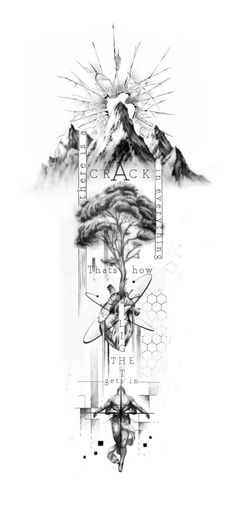 an artistic drawing with mountains and trees in the background, as well as words that spell out