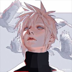 an anime character with white hair and birds flying around his head, looking up at the sky