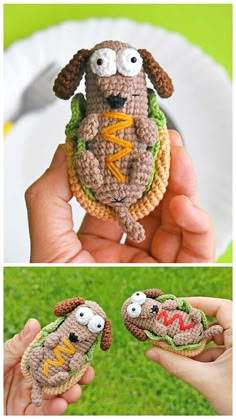 crocheted stuffed animals are being held in their hands