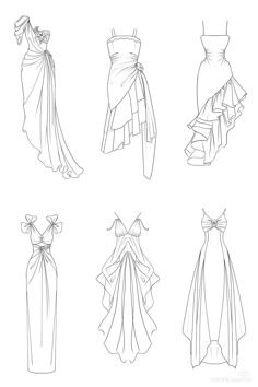 six different dresses drawn in black and white