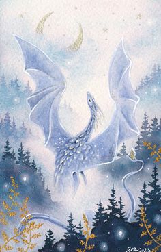 a painting of a white dragon flying through the night sky with trees and moon in the background