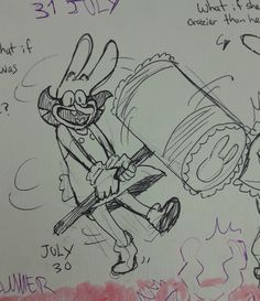 a drawing of a cartoon character holding a large barrel with words written on the side