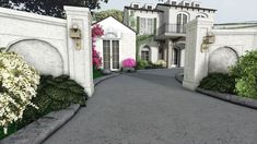 an artist's rendering of a driveway leading to a large white house with pink flowers