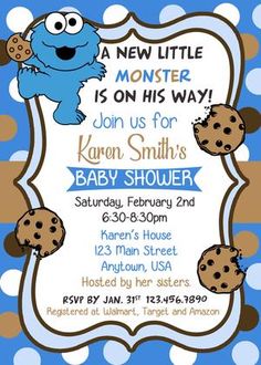 a baby shower with cookie cookies on the front and blue polka dot dots around it