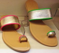 Green and pink toe ring metallic sandals at Gossip Shoes in the Palladium Mall, Mumbai.  More at: bonconseil.us Pink Toes, Green And Pink, Slip On Sandal