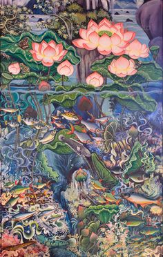 an artistic painting with flowers and fish in the water, surrounded by other colorful creatures