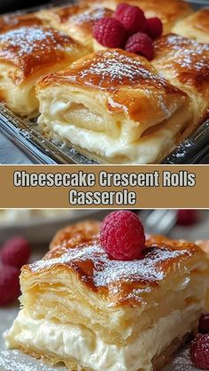 two different types of cheesecake dessert rolls with raspberries on top and bottom