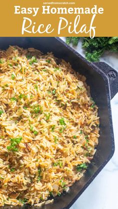 an easy homemade rice pilaf in a cast iron skillet with parsley on top