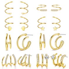 PRICES MAY VARY. ⭐【Earrings that Look Like Multiple Piercings】You will get 8 pairs different huggie illusion earrings, including double huggie earrings, double hoop earrings, star wrap earrings for women, heart spiral earrings, CZ twisted hoop earring, minimalist crawler earrings, claw earrings cuff studs. These piercing studs and hoops are very fashion and cute, you only need one pierced ear hole but it gives the appearance of 2/3/4 separate piercings. ⭐【Adjustable Size】Gague:20G(0.8mm), gold d Triple Hoop Piercing, Cuff Piercing, Illusion Earrings, Earrings Cuff, Claw Design, Crawler Earrings, Twist Earrings, Claw Earrings, Earring Minimalist