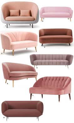 the different types of sofas and chairs are shown in multiple colors, including pink, grey