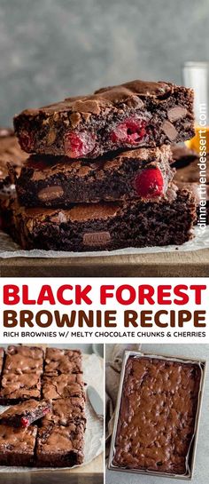 chocolate brownies with raspberries are stacked on top of each other and the title reads, black forest brownie recipe