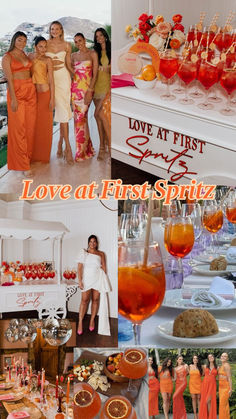 the collage shows several different pictures of women in orange dresses and cocktails, including drinks