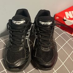 Worn Maybe Six Times Size 9.5 Got Em For School And Don’t Fit Im A Size 10.5 $150 Obo I Can Ship Tmrr Black Running Shoes With Round Toe For Sports, Black Running Shoes For Sports With Round Toe, Casual Black Running Shoes With Cushioned Footbed, Asics Running Shoes For Jogging With Round Toe, Black Casual Sneakers With Gel Cushioning, Asics Running Shoes For Jogging, Black Casual Running Shoes With Cushioned Footbed, Black Running Shoes With Gel Cushioning For Streetwear, Black Athleisure Walking Shoes With Gel Cushioning