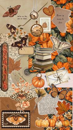 an altered collage with pumpkins, books and butterflies