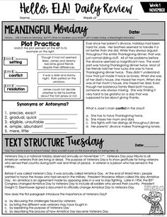 the text structure worksheet for an ela daily review, which includes information about each topic