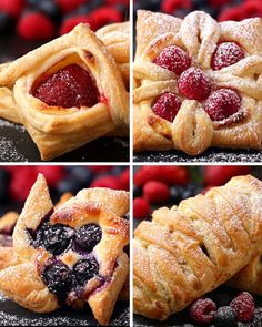 four pictures of raspberry pastries with powdered sugar on them and fresh berries in the background