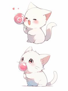 two white cats with pink lollipops in their mouths, one is eating the other