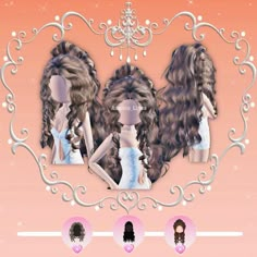 three girls with long hair in front of a chandelier and an ornate frame