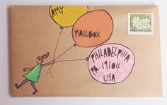 an envelope with a drawing of a girl holding balloons that read my mailbox philadelphia, florida