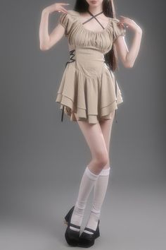 coquette dress beige cute mini dress Coquette Mini Dress, Beige Short Dress, Downtown Coquette, Dress Shorts Outfit, Coquette Dress, Egirl Clothes, Find Aesthetic, Cute Mini Dress, Y2k Girl