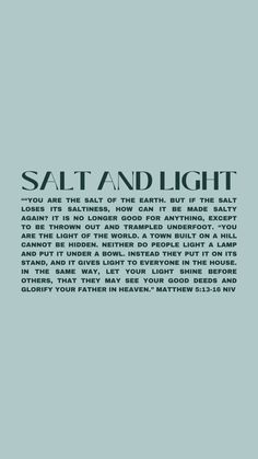 the words salt and light written in black on a blue background with an image of a man