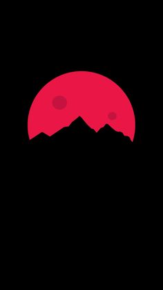 the silhouette of a red mountain against a black background with three dots in the sky