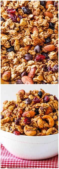 three different views of granola with nuts and raisins