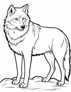 a wolf standing on top of a rock with its mouth open and tongue out, coloring page