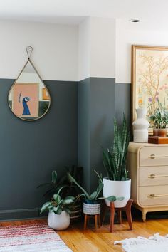 a living room with two plants and a mirror on the wall