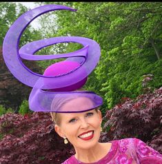 Hat Title : The Twist (in Violet)  *Can also be made in other colours. Enquire if you'd want a colour different than the photos.                           This hat was especially made for the Royal Ascot Pop Up Shop in Kensington London  The Twist is an elegant headwear sculpture featuring a front facing round button base and a structured veil that start from the side of the face, over the face, and spirals upwards creating a perception of height and drama.  This haute couture headpiece is perfe Crinoline Fascinator, Purple Fascinator, British Hats, Kentucky Derby Fascinator, Royal Ascot Hats, Occasion Hats, Derby Fascinator, Couture Hats, Ascot Hats