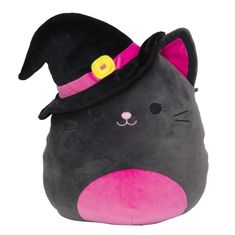 a black cat with a pink nose wearing a witches hat