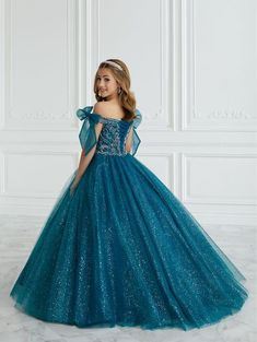 This Tiffany Princess pageant dress Style 13677 features a stunning A-line design with intricate beading and glitter details. The tulle ball gown is completed with delicate off the shoulder neckline accented by bows for added elegance. Perfect for formal events, this dress will make your little girl feel like a princess. Corset Back Sizes: 16 Colors; Fuchsia Off Shoulder Tulle Dress, Long Off The Shoulder Dress, Princess Corset, Off Shoulder Tulle, 2016 Style, Tulle Balls, Intricate Beading, Girls Pageant Dresses, Tulle Ball Gown