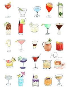 a drawing of different types of cocktails on a white background, including drinks and beverages