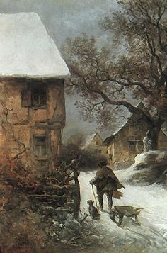 a painting of a man and his dog walking in the snow by a house with a snowy roof