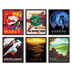 six nasa posters are shown in four different frames