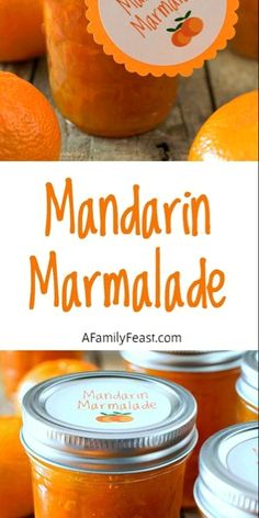 an orange marmalade is in a jar with the words mandarin marmalade on it